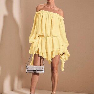 Yellow Boho Women's Elegant French Style Off Shoulder Long Sleeve Shirt Dress